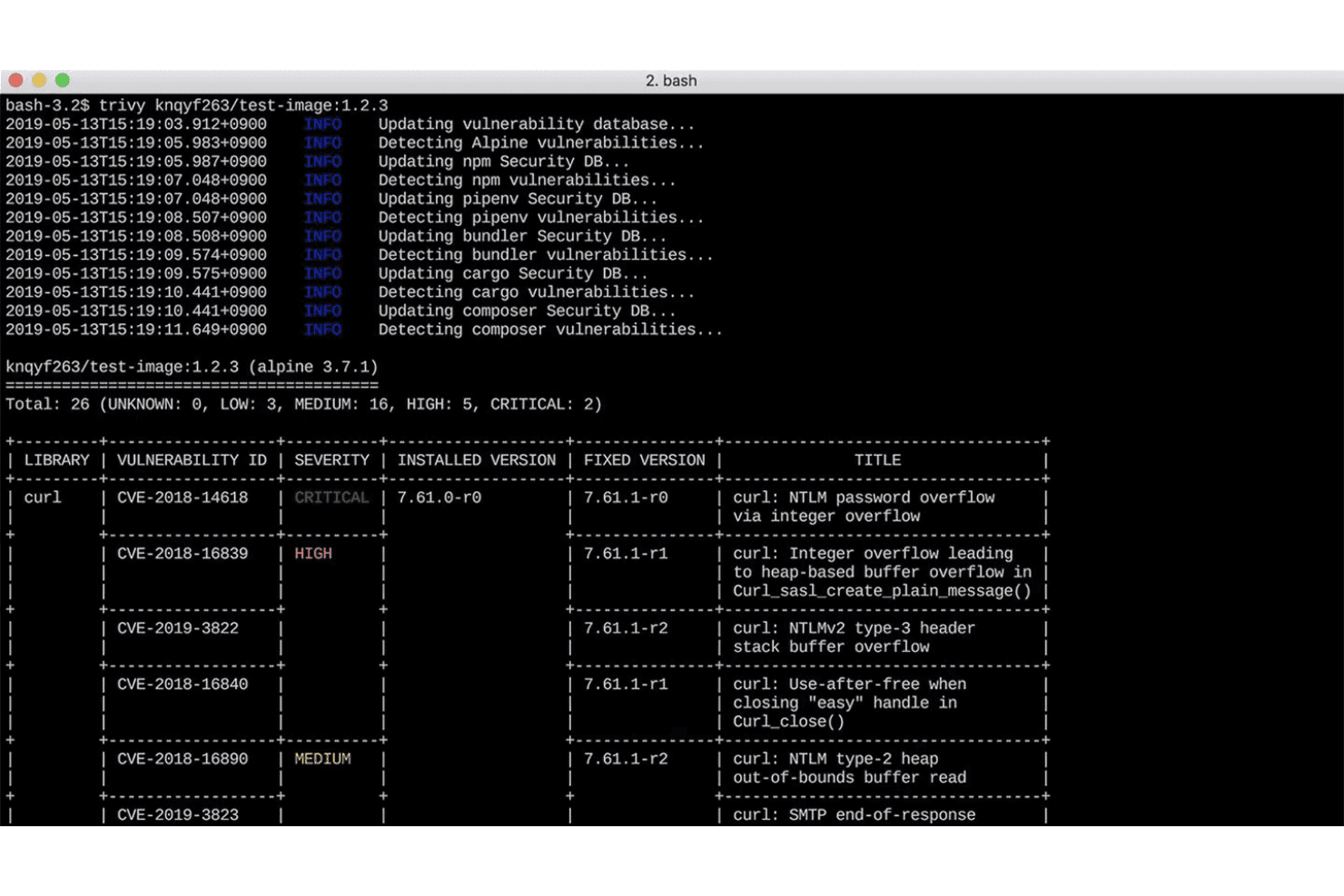 Terminal showing Trivy vulnerability scan results for a Docker image with CVE table