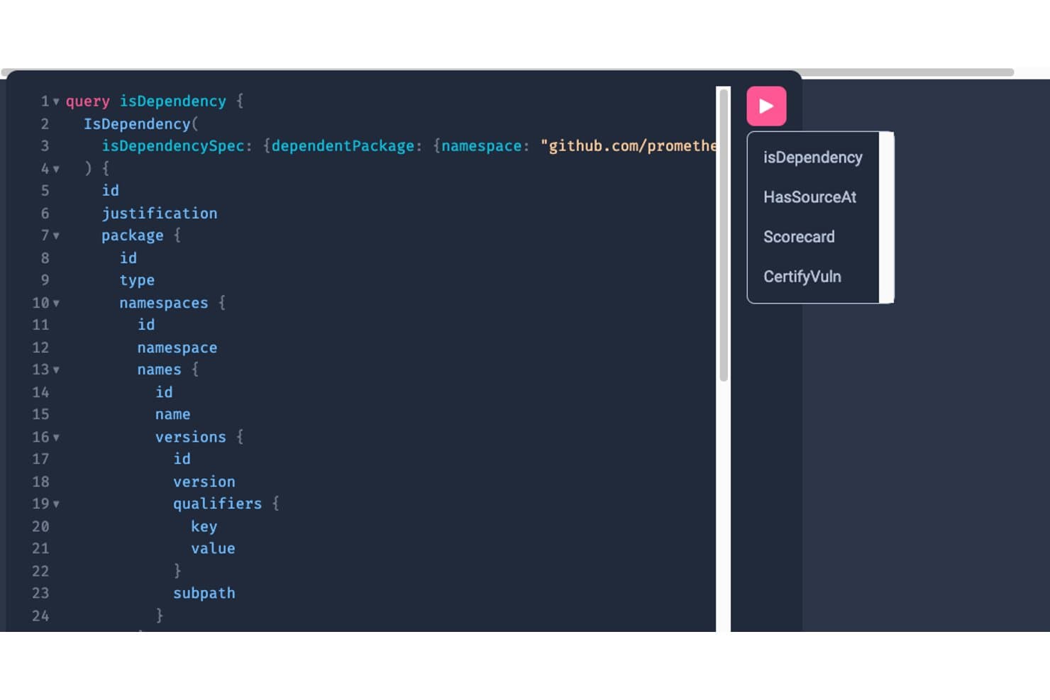 GUAC:s GraphQL-redigerare visar en IsDependency-fråga med fält för paketnamnrymd och en rullgardinsmeny för val av fråga.