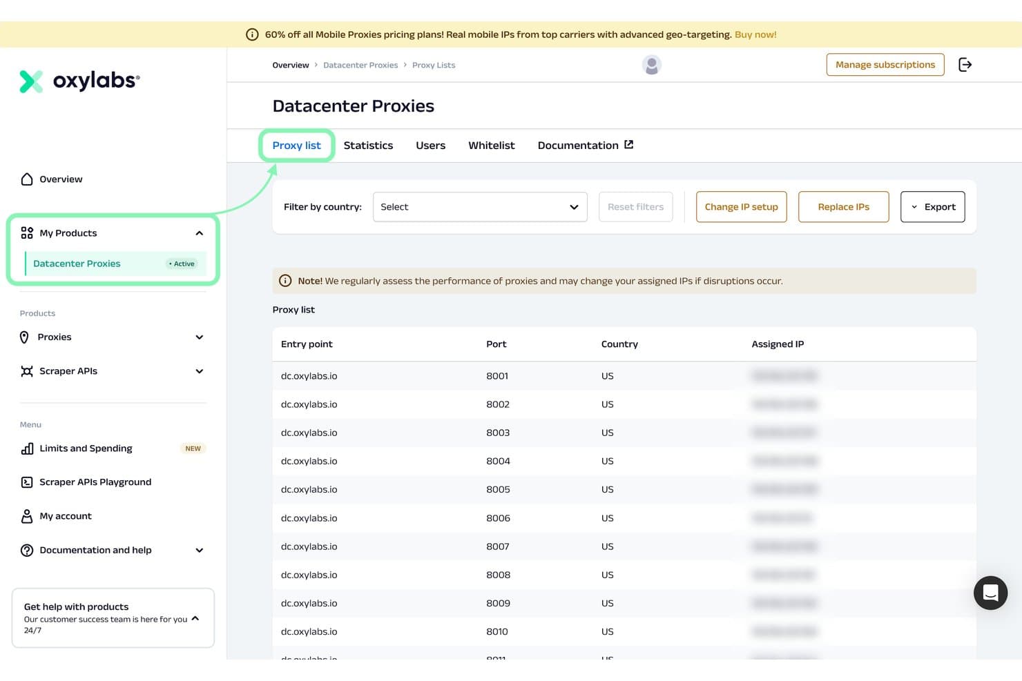 Dashboard dei proxy per data center di Oxylabs che mostra un elenco di proxy con punti di ingresso, porte e indirizzi IP assegnati agli Stati Uniti.