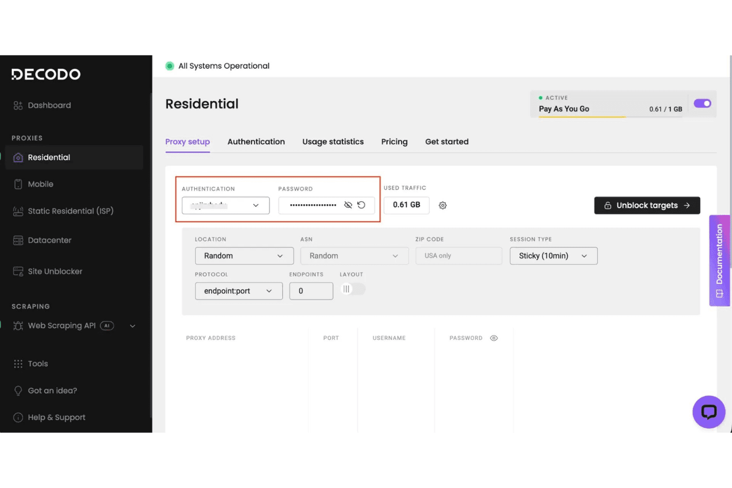 Pagina di configurazione del proxy residenziale Decodo che mostra i campi per l'autenticazione, la password, la posizione e il tipo di sessione.