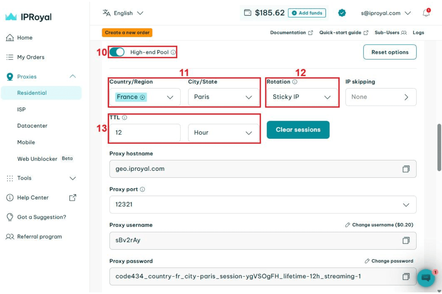 Impostazioni del proxy residenziale IPRoyal che mostrano la posizione Francia/Parigi, la rotazione dell'IP persistente e un TTL di 12 ore.