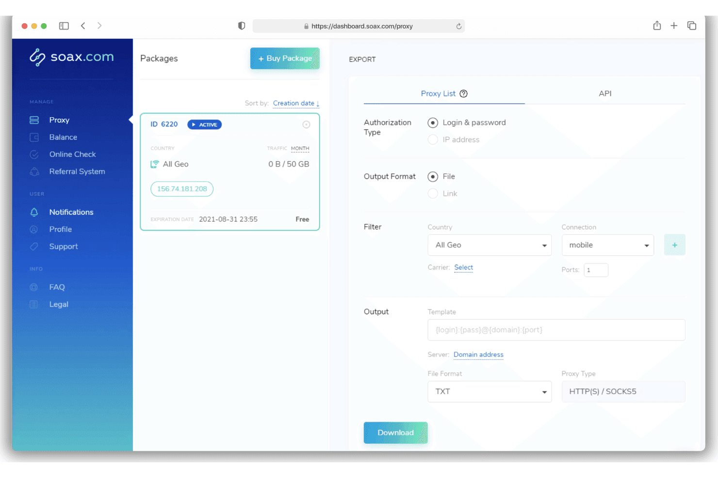 Dashboard SOAX che mostra le opzioni di esportazione dell'elenco dei proxy con filtri e pulsante di download.