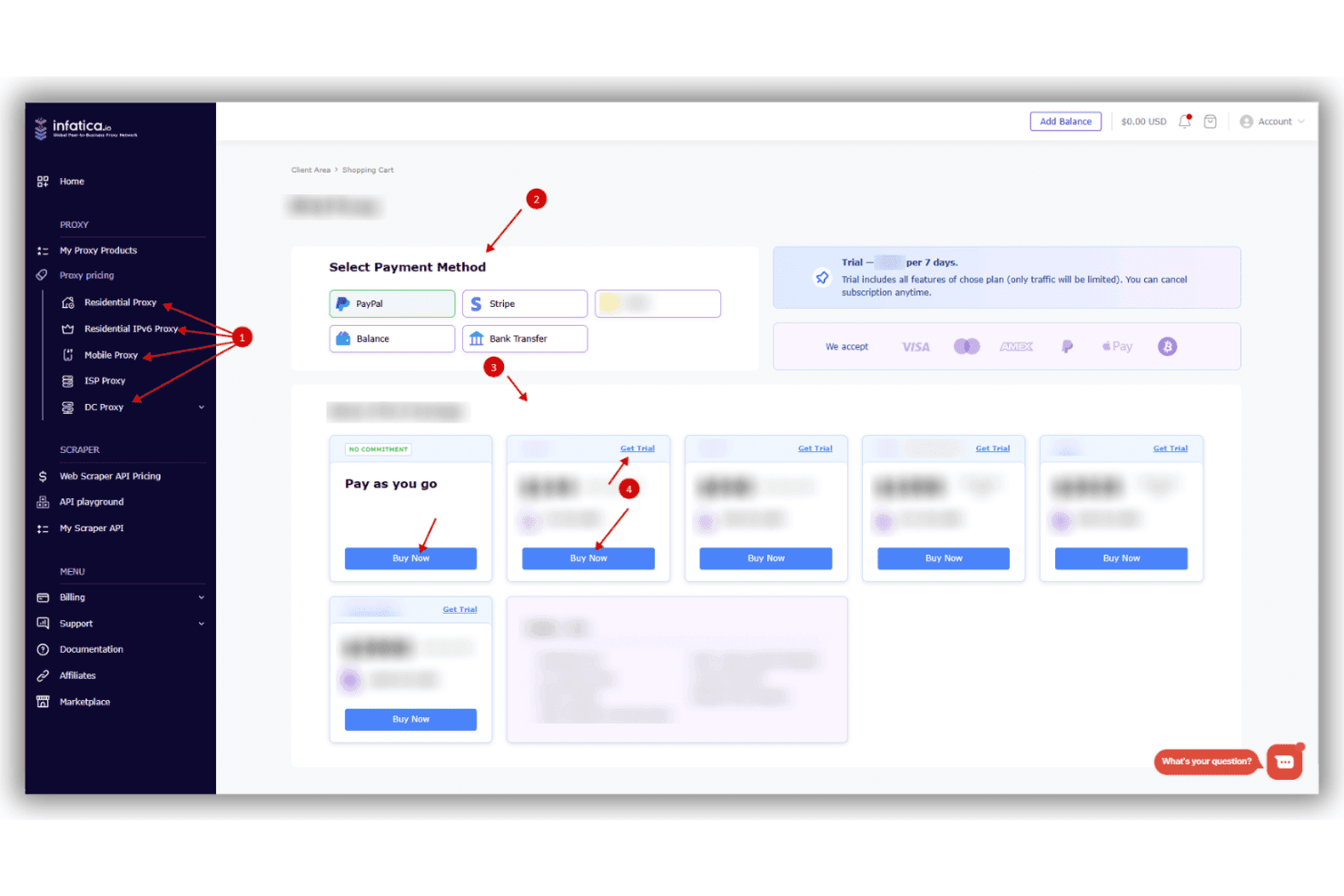 Dashboard di Infatica che mostra i piani tariffari dei proxy e la schermata di selezione del metodo di pagamento.