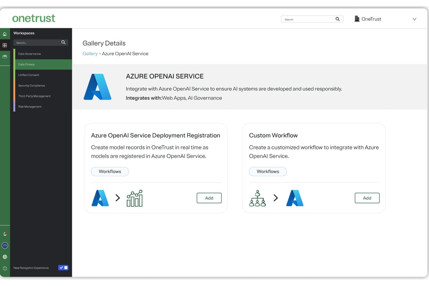 OneTrust Gallery Details page showing Azure OpenAI Service integration with two workflow options.