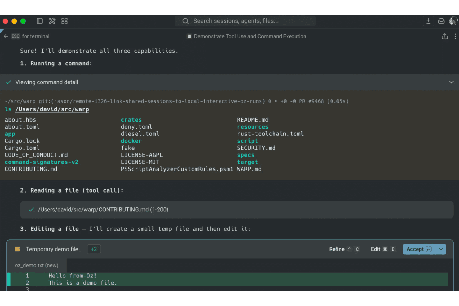 Warp-terminal som visar en AI-agent köra ls-kommandot, läsa en fil och redigera en ny textfil.
