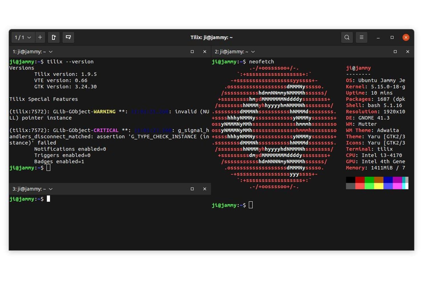 Terminalemulatorn Tilix visar tre delade paneler med neofetch-utdata och versionsinformation i Ubuntu.