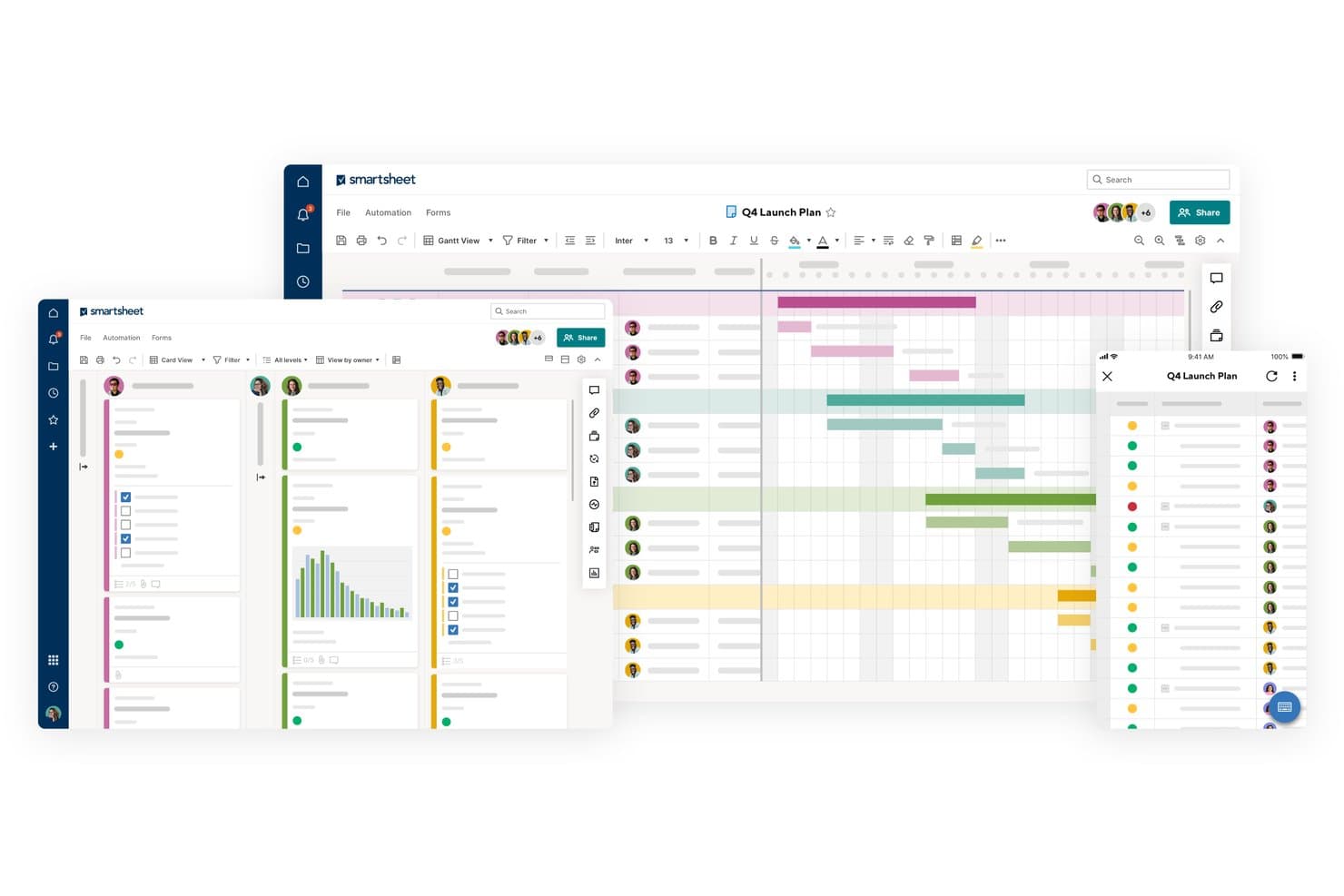 Smartsheet-Startplan für das 4. Quartal mit Gantt-Diagramm, Kartenansicht und mobilem Bereich nebeneinander.
