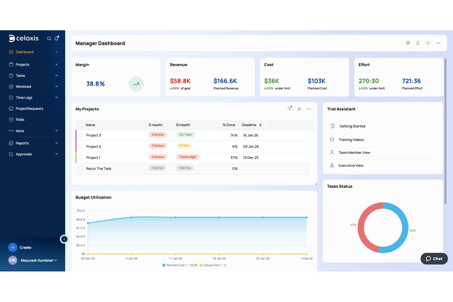 Celoxis-Manager-Dashboard mit Anzeige des Projektstatus, Diagramm zur Budgetauslastung und Ringdiagramm zum Aufgabenstatus.
