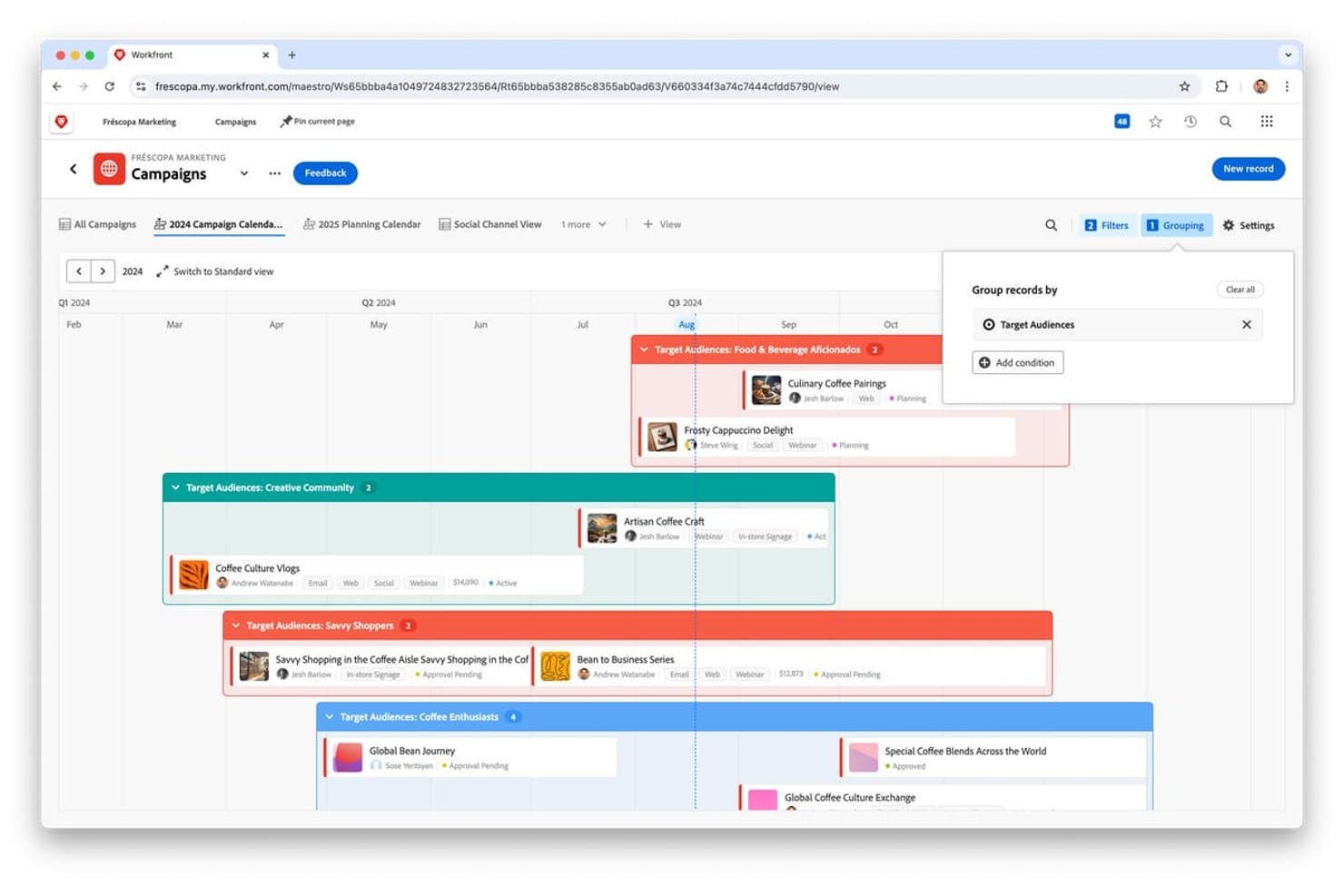 Adobe-Workfront-Kampagnenkalender, gruppiert nach Zielgruppen, mit Zeitachsenbalken und Aufgabendetails.