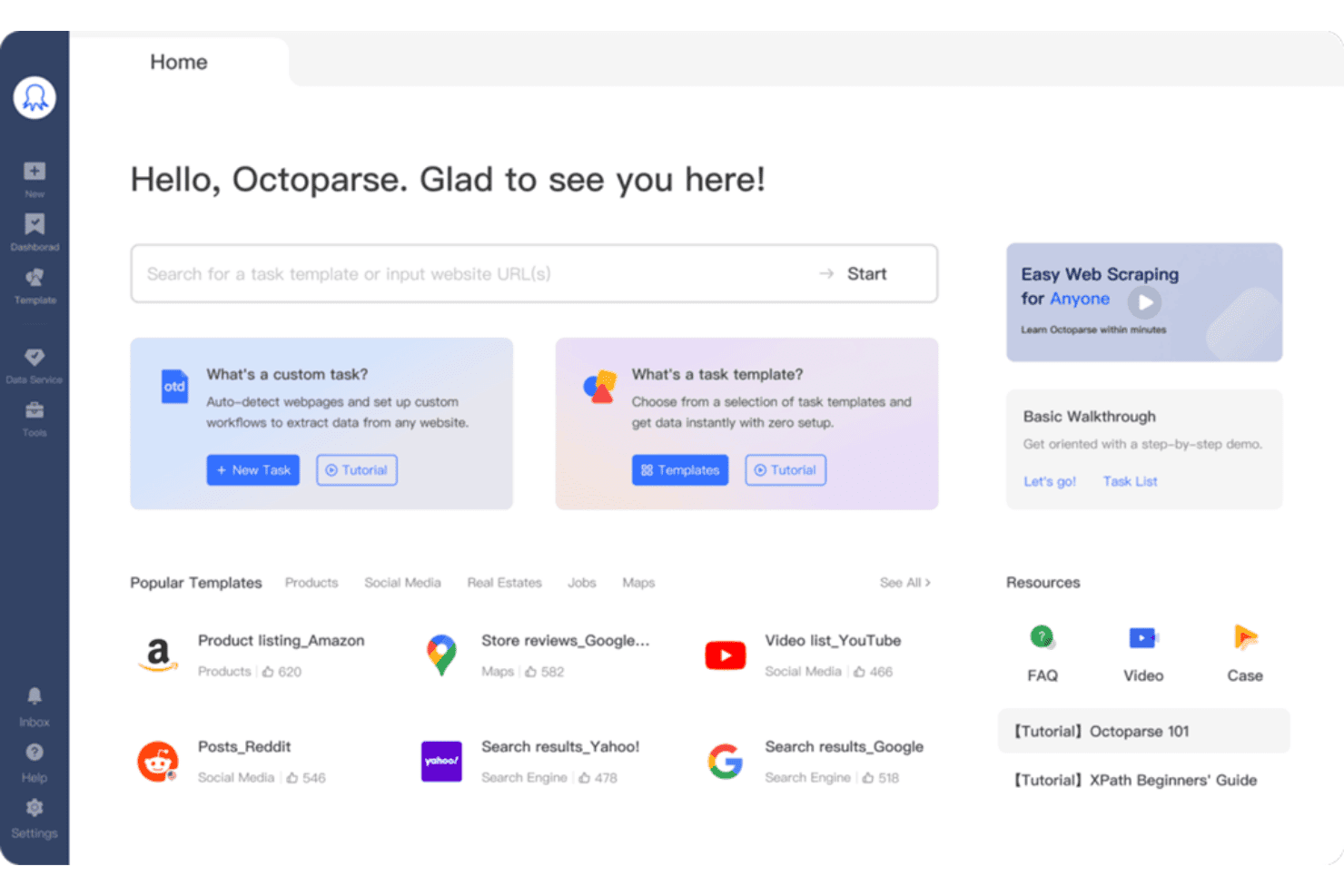 Octoparse-Startseite mit einem Aufgaben-Dashboard, einer Suchleiste und beliebten Optionen zum Web-Scraping.