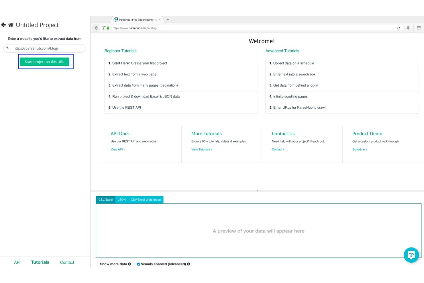 ParseHub-työpöytäsovellus, jossa näkyvät URL-osoitteen syöttökenttä, Aloita projekti -painike ja aloitussivun esikatselu