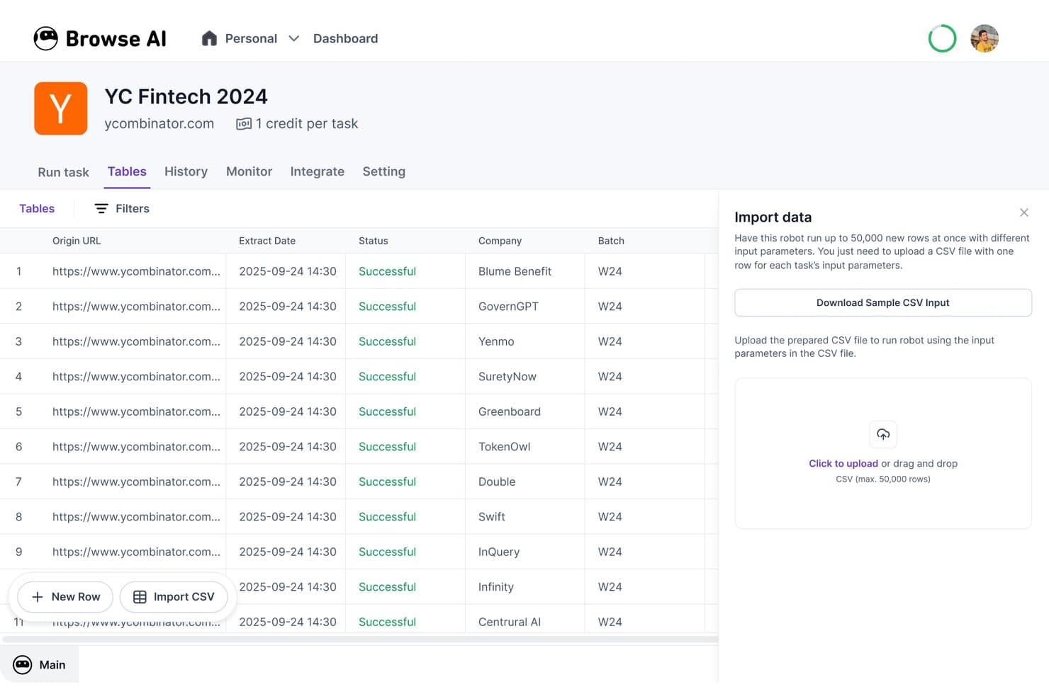Browse AI -hallintapaneeli, jossa näkyvät taulukossa kaavitut YC Fintech 2024 -yritystiedot ja CSV-tuontipaneeli.