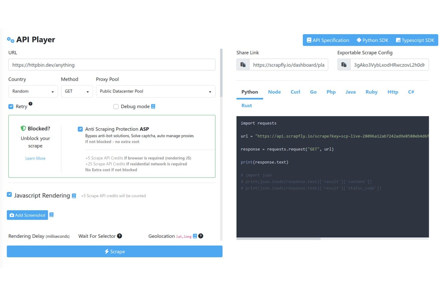Scrapflyn API-soittimen käyttöliittymä, jossa näkyvät URL-osoitteen syöttökenttä, välityspalvelinasetukset, ASP-valitsin ja Python-koodikatkelma.