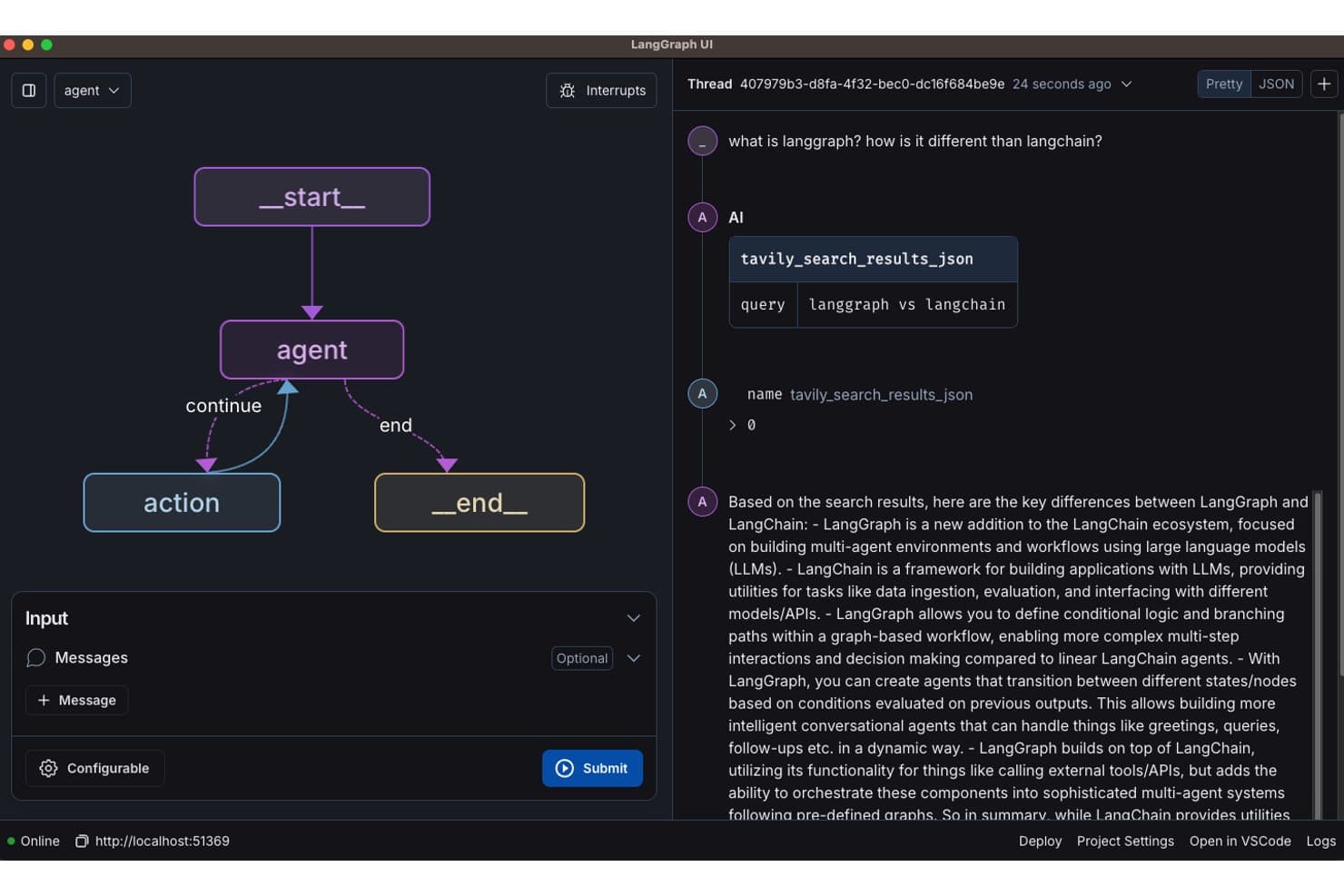 LangGraph-Benutzeroberfläche mit einem Arbeitsablaufdiagramm für Agenten mit Start-, Agenten-, Aktions- und Endknoten neben einem Live-Chat-Verlauf mit einer KI.