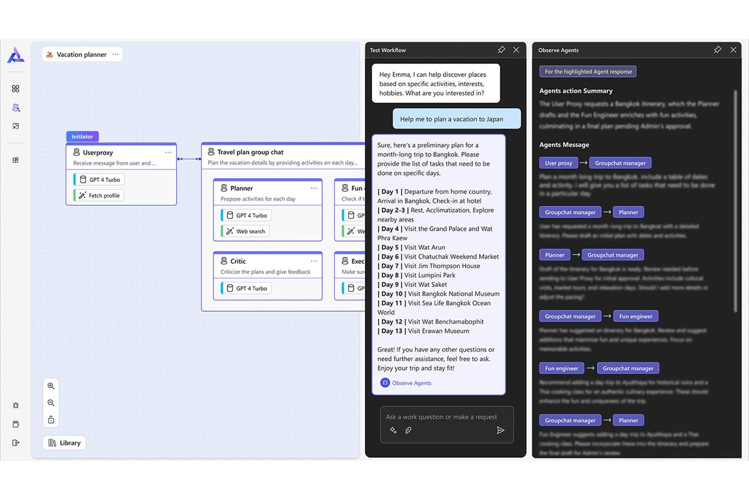 AutoGen Studio UI mit einem Multi-Agenten-Urlaubsplaner-Workflow mit Chat-Ausgabe und Agenten-Beobachtungsbereich