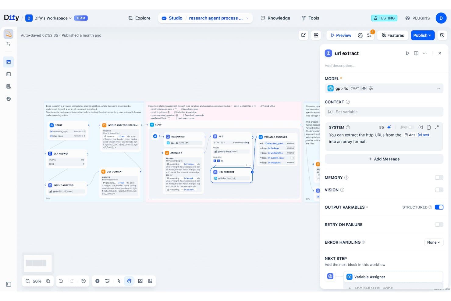 Dify Studio zeigt einen Recherche-Agenten-Workflow mit einem Knoten zur URL-Extraktion und dem Einstellungsbereich für GPT-4o.