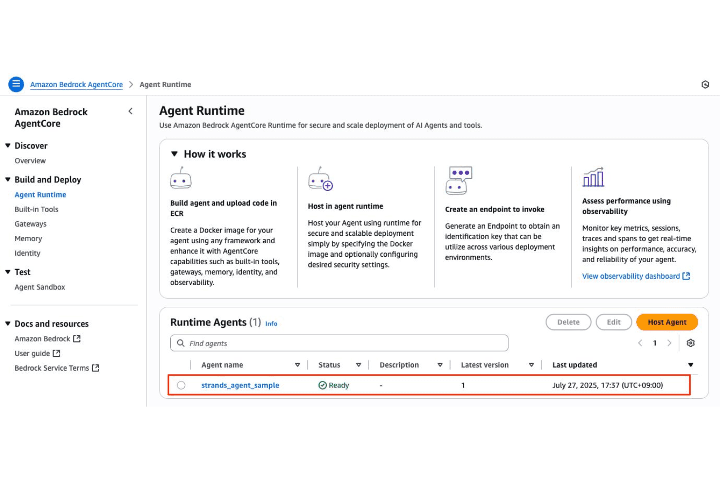 Console di Amazon Bedrock AgentCore Agent Runtime che mostra un agente distribuito con stato Pronto.