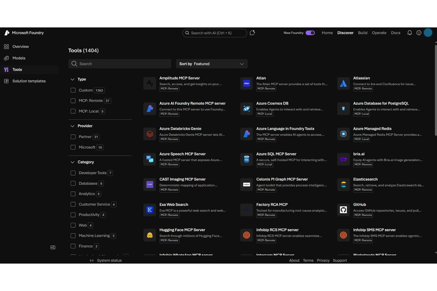 Microsoft Foundrys værktøjskatalog, der viser 1.404 MCP-serverværktøjer med filtre og gitterlayout.