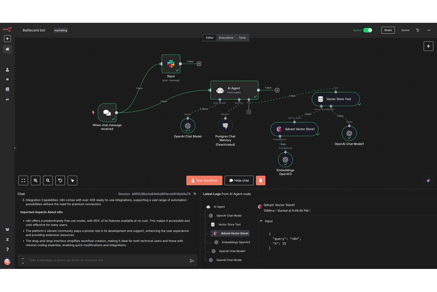 Screenshot des n8n-Workflow-Editors mit einem KI-Agenten-Bot sowie Slack-, OpenAI- und Qdrant-Vektorspeicherknoten.