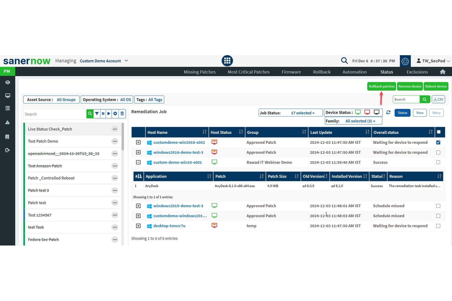 SecPod Saner Platform patch management status dashboard showing remediation job results for multiple devices.