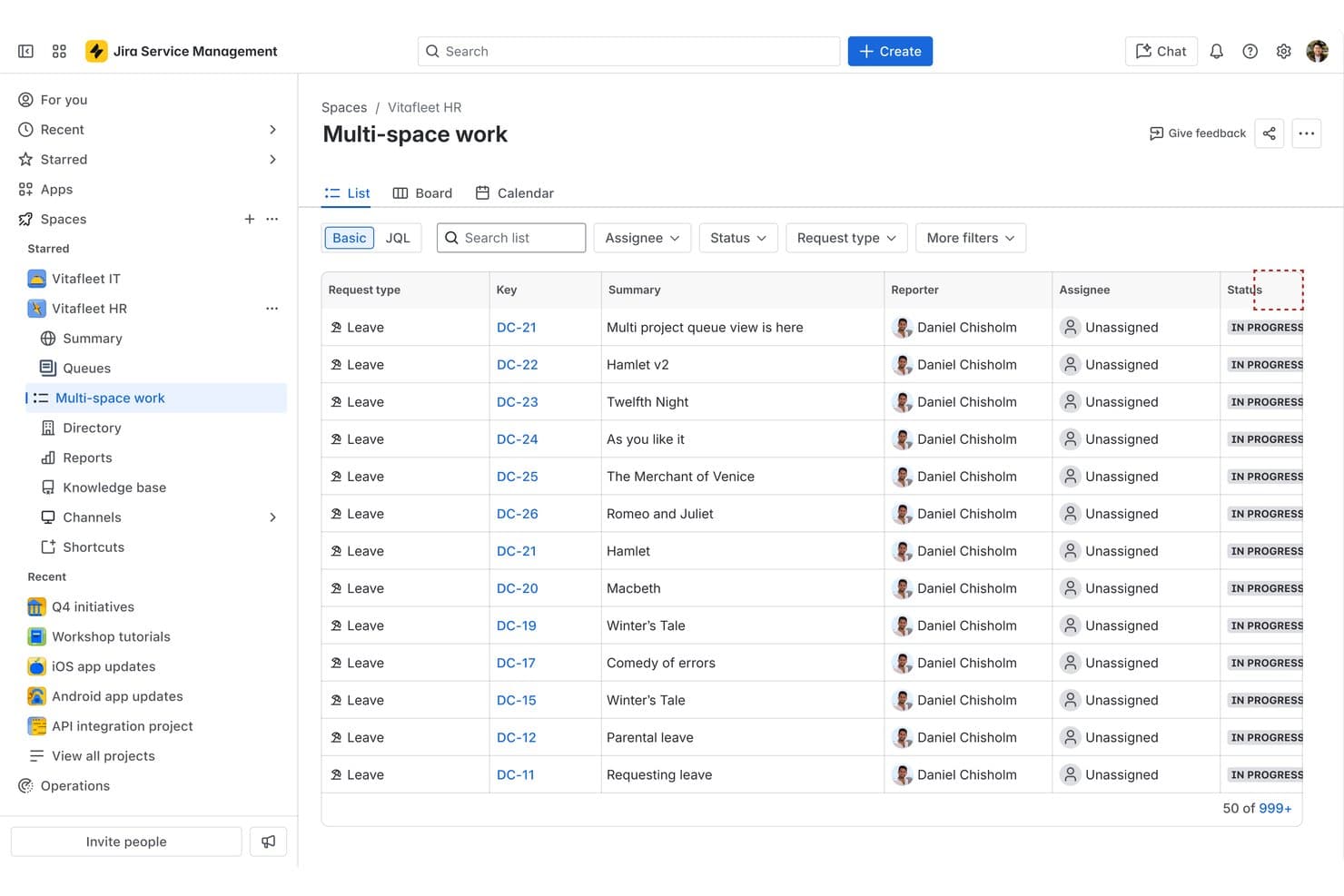 Jira Service Managementin monitilainen työlista, jossa näkyvät lomakepyynnöt KÄYNNISSÄ-tilassa