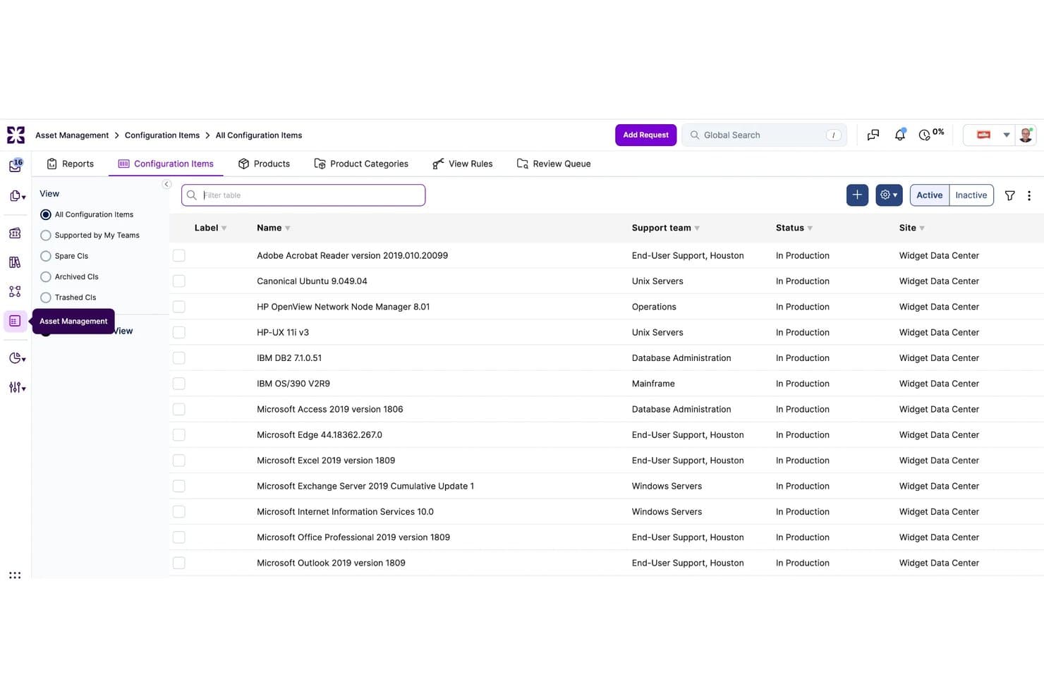 Xurrent ITSM:n määrityskohteiden luettelo, jossa näkyvät ohjelmisto-omaisuuserät, tukitiimit ja tuotantotilat.