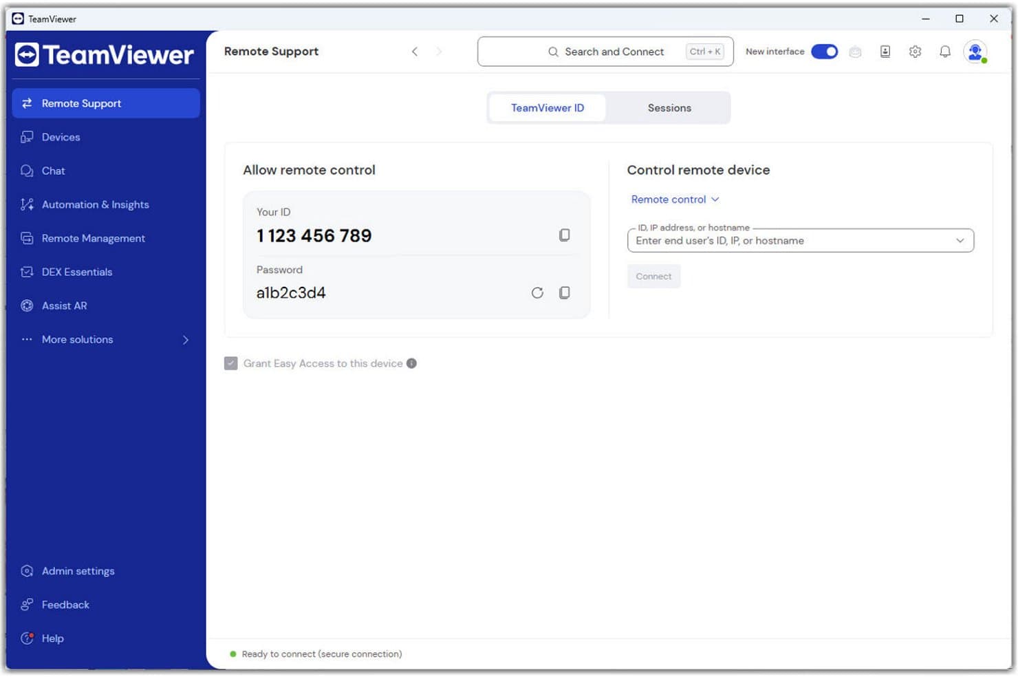 TeamViewer-scherm voor externe ondersteuning met gebruikers-ID, wachtwoord en veld voor verbinding met een extern apparaat.