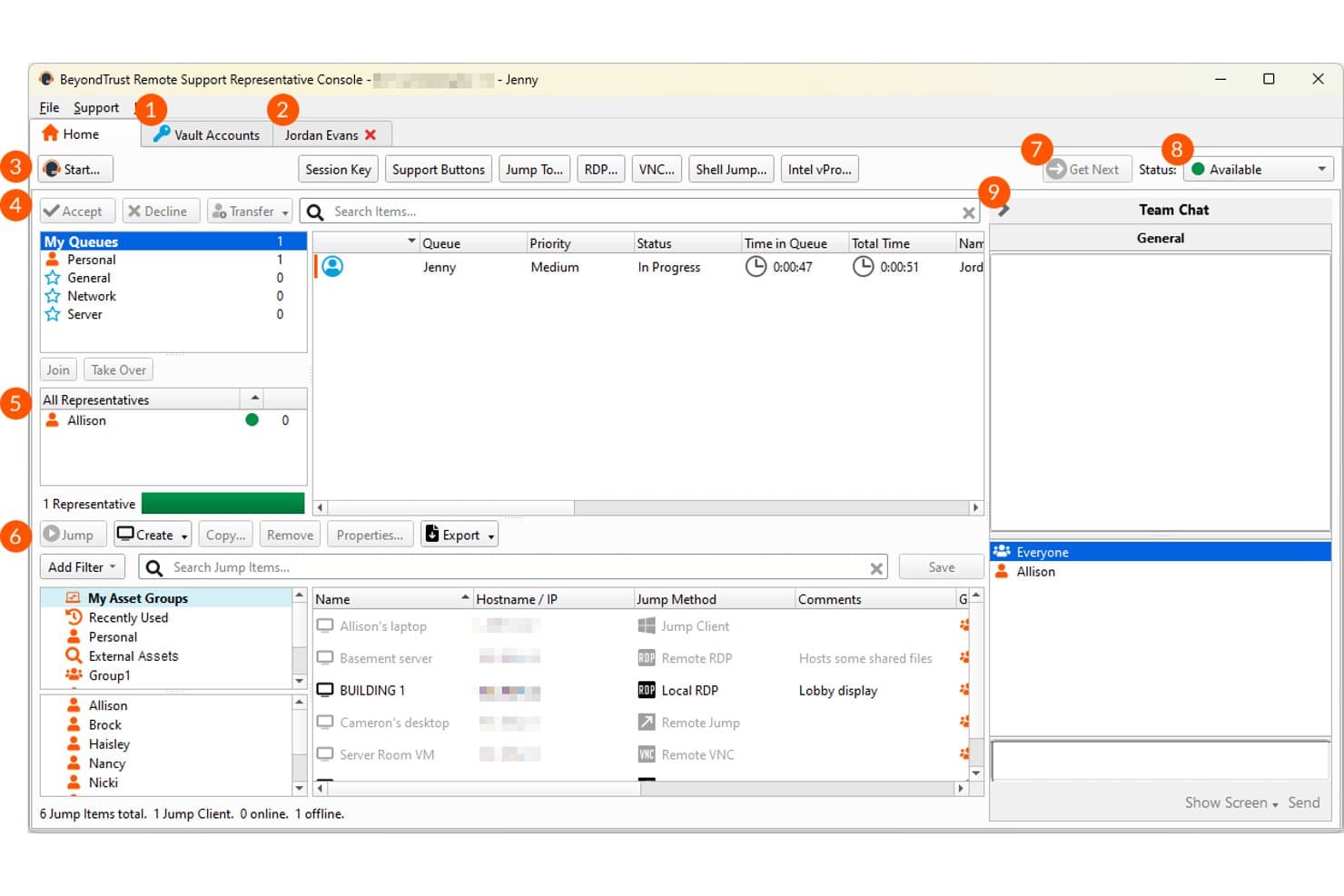 Console voor medewerkers van BeyondTrust Remote Support met sessiewachtrijen, sprongitems en een teamchatvenster.
