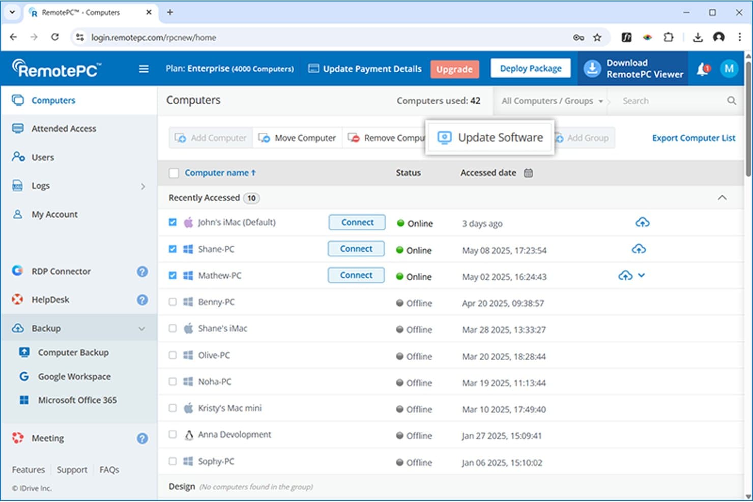 Het dashboard Computers van RemotePC met de knop Software bijwerken en een lijst met online en offline computers.
