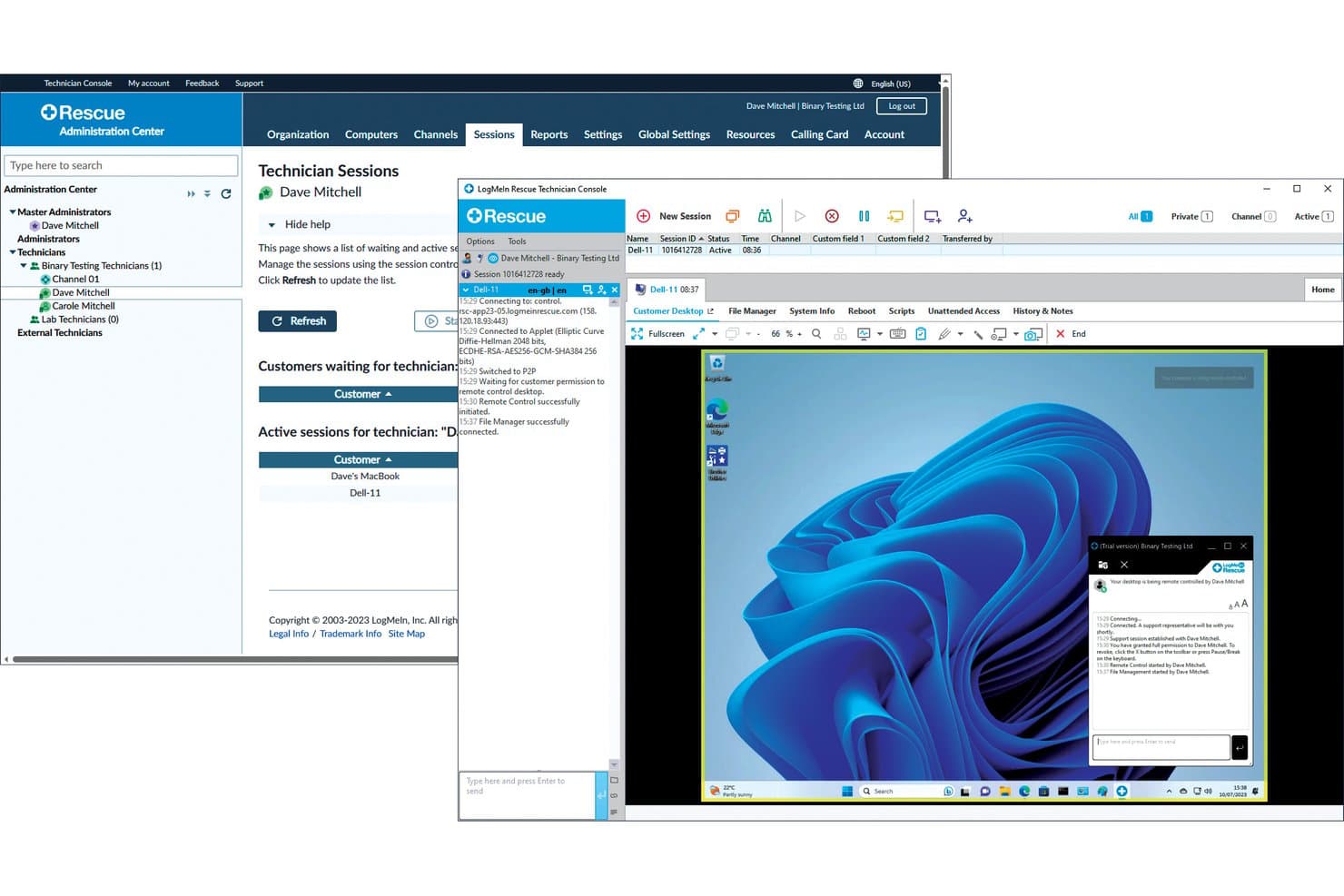LogMeIn Rescuen teknikkokonsoli, jossa näkyy aktiivinen etätyöpöytäsessio Windows 11 -laitteella.