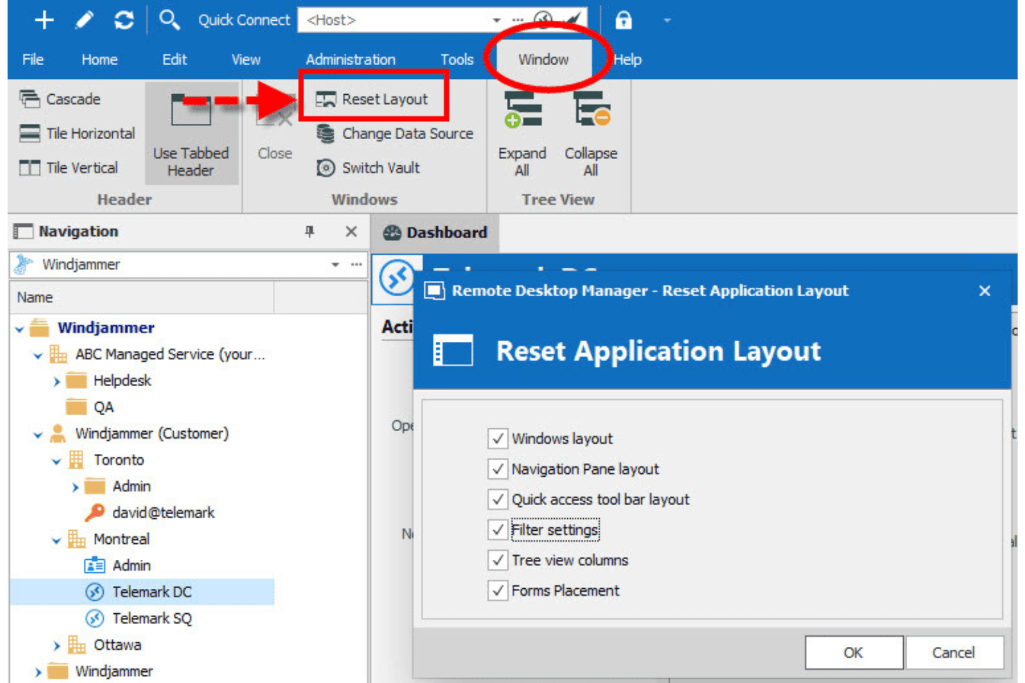 Remote Desktop Managerin Ikkuna-valikko ja Sovelluksen asettelun palautus -valintaikkuna, jossa näkyy kuusi valintaruutua.