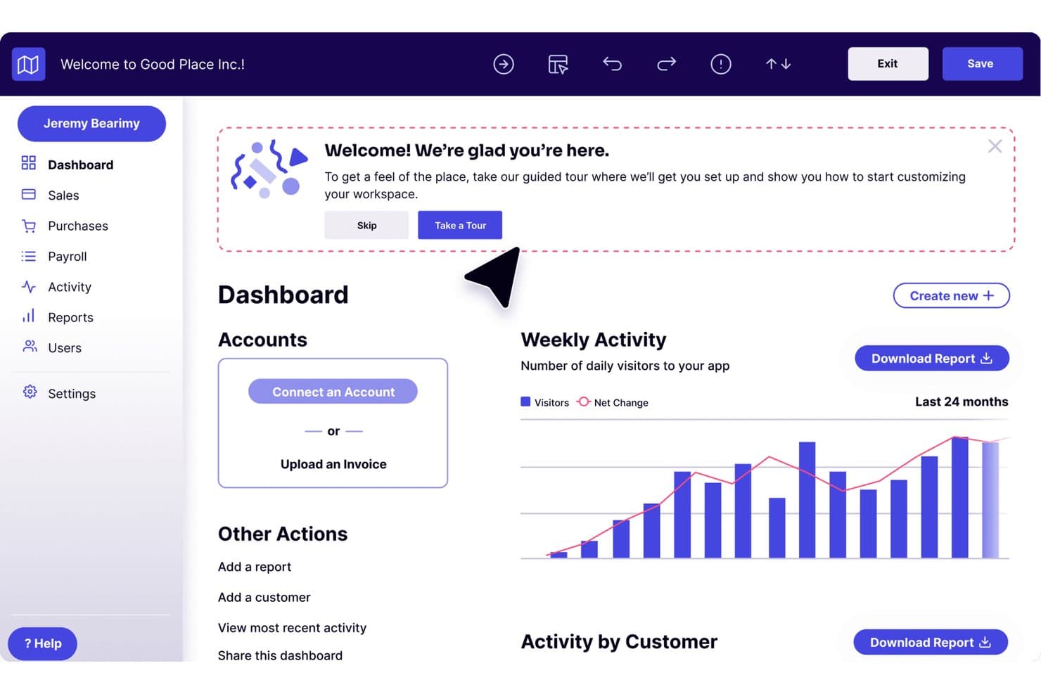 Screenshot des Pendo-Dashboards mit einem Modal zur Begrüßungstour, dem Kontenbereich und einem Balkendiagramm zur wöchentlichen Aktivität.