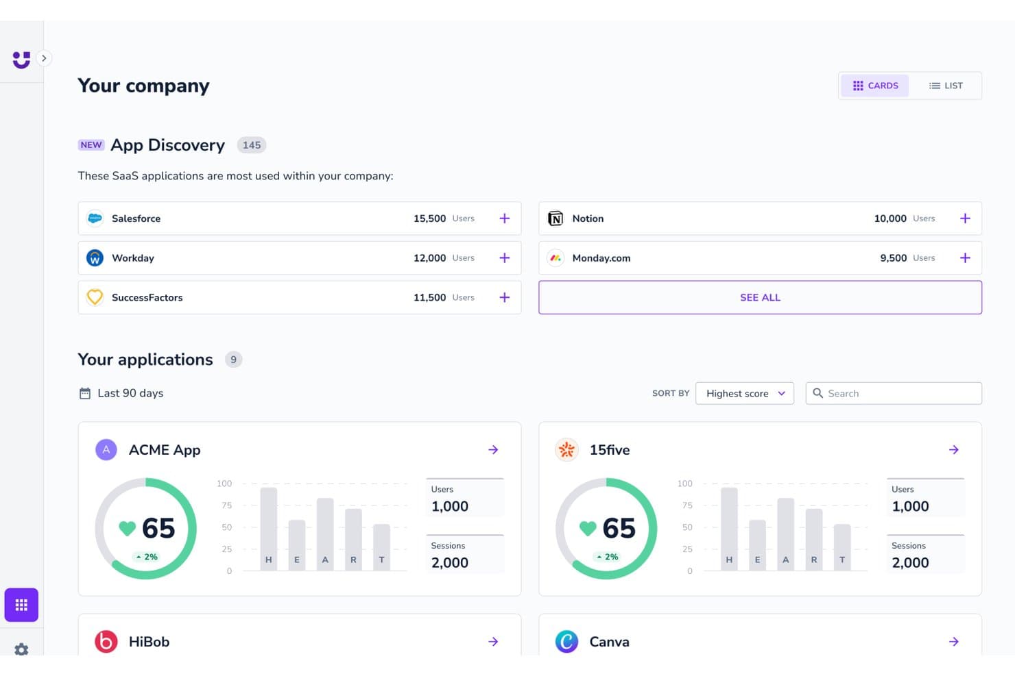 Userlane-Dashboard mit App-Erkennung, den wichtigsten SaaS-Anwendungen und Engagement-Werten der Anwendungen