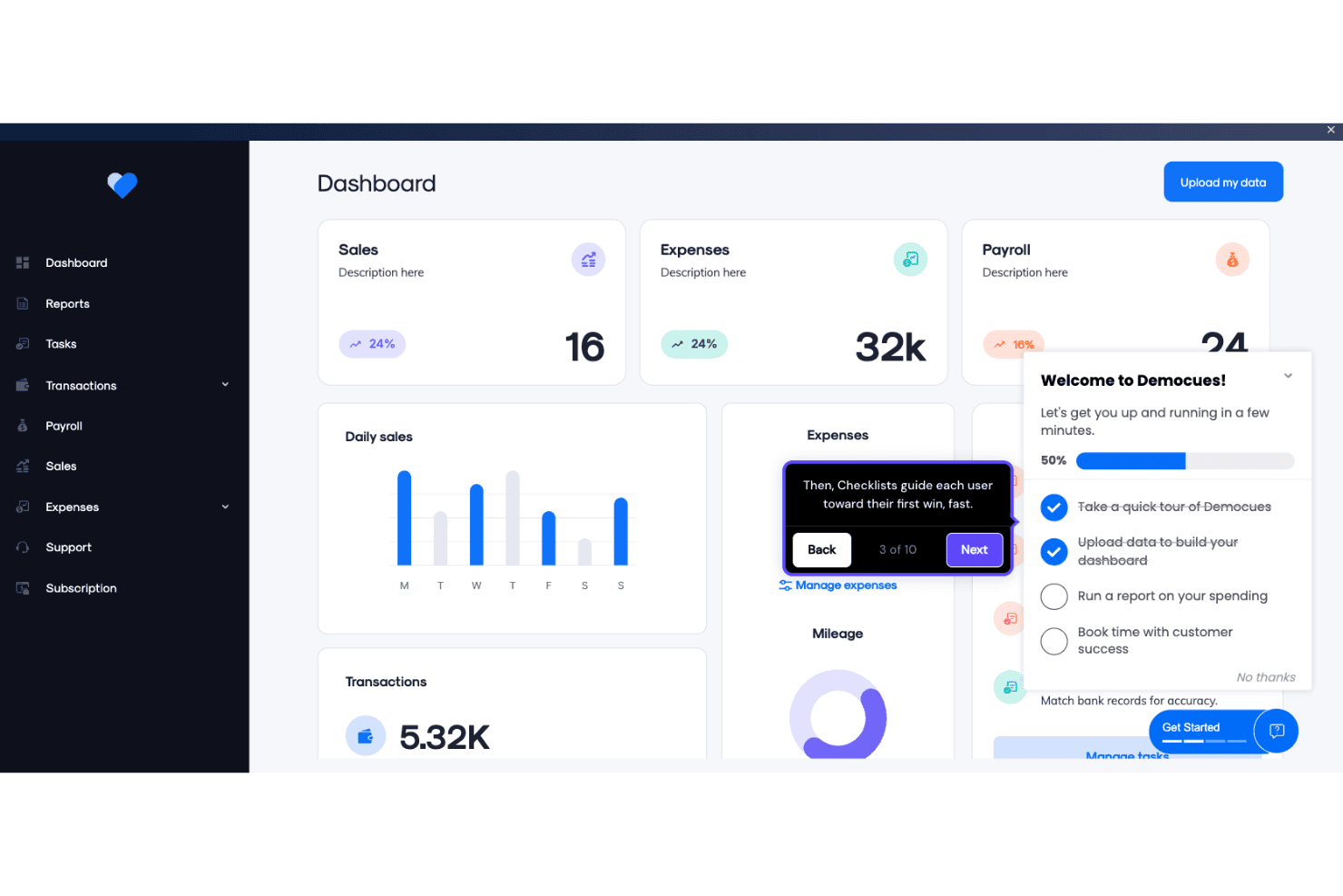 Dashboard-Benutzeroberfläche mit Onboarding-Checklistenbereich und Hinweis, der Schritt 3 von 10 anzeigt.