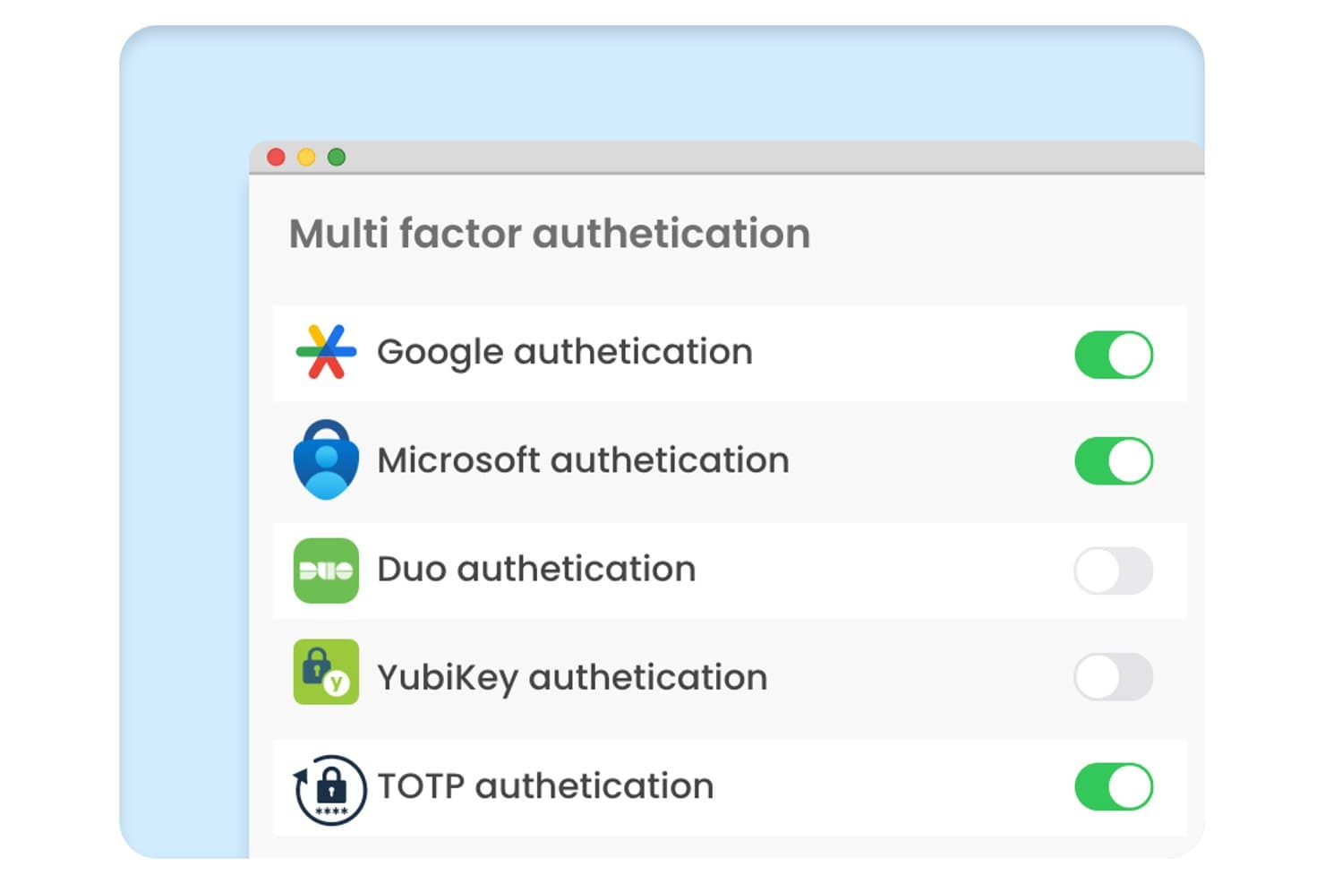 Panel de configuración de MFA de Securden Unified PAM que muestra cinco opciones de autenticación con interruptores de activación y desactivación.