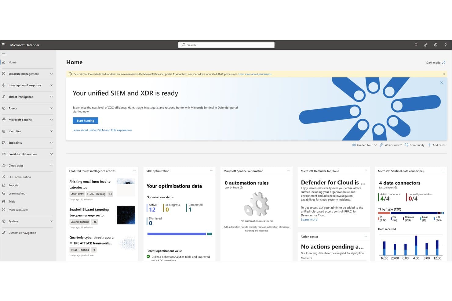 Startdashboard des Microsoft-Defender-Portals mit Karten zur SIEM-, XDR- und SOC-Optimierung.