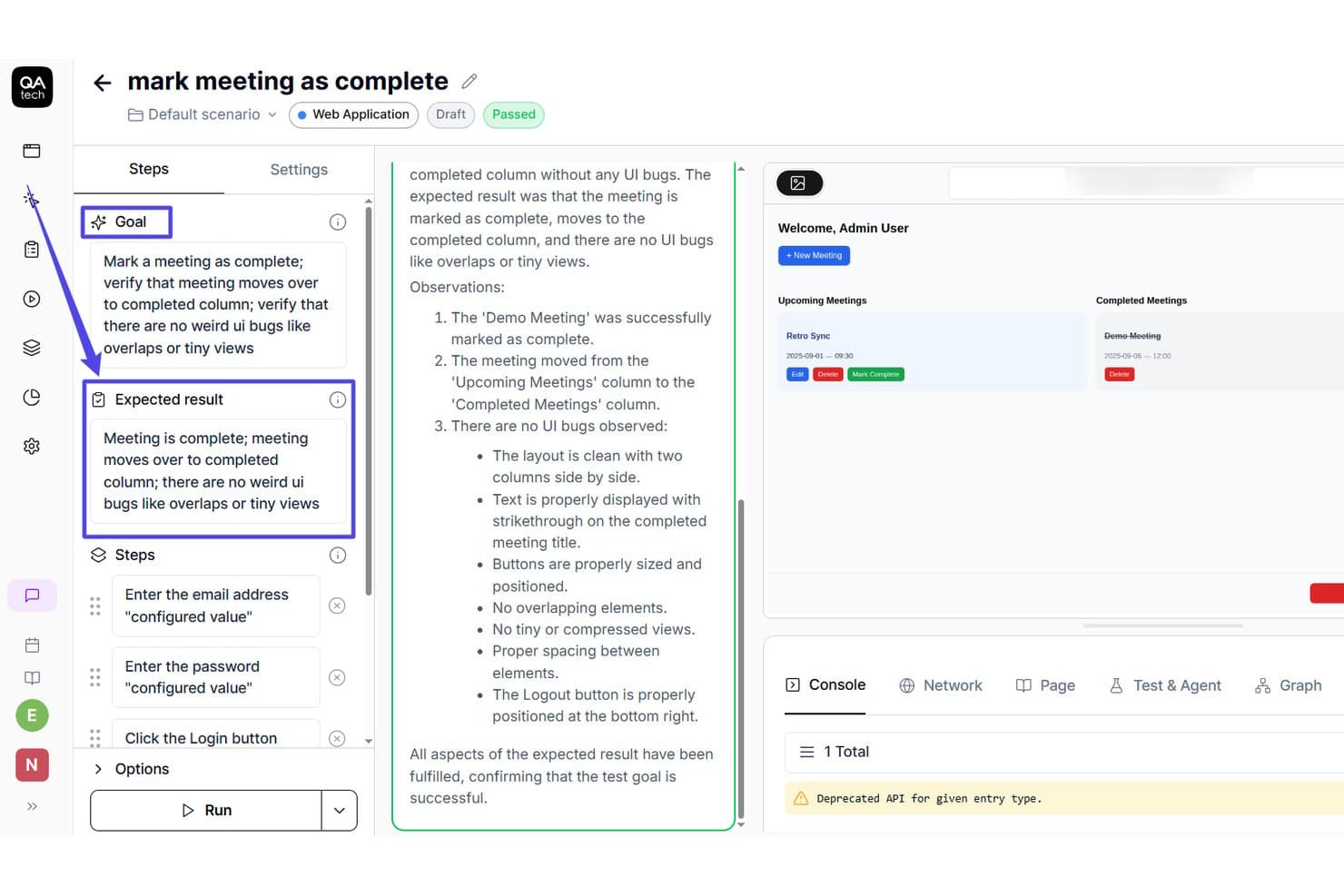Caso di test di QA.tech che mostra obiettivo, risultato atteso, passaggi e stato superato.