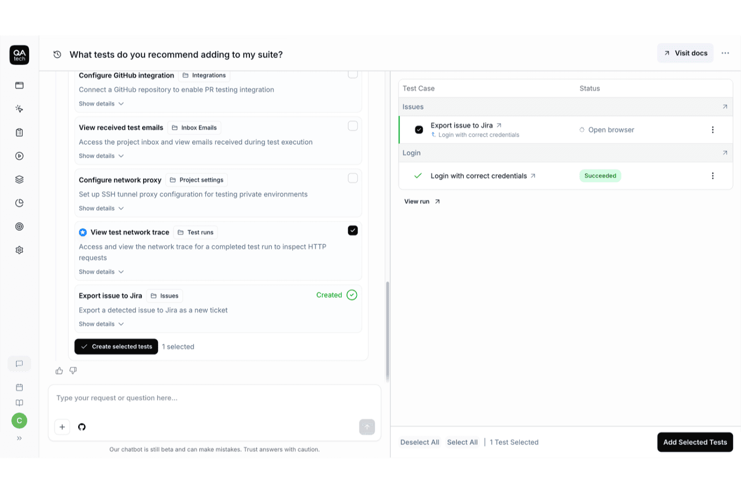 QA.techin tekoälychat-käyttöliittymä suosittelemassa testitapauksia ja tulokset näyttävä tilapaneeli.