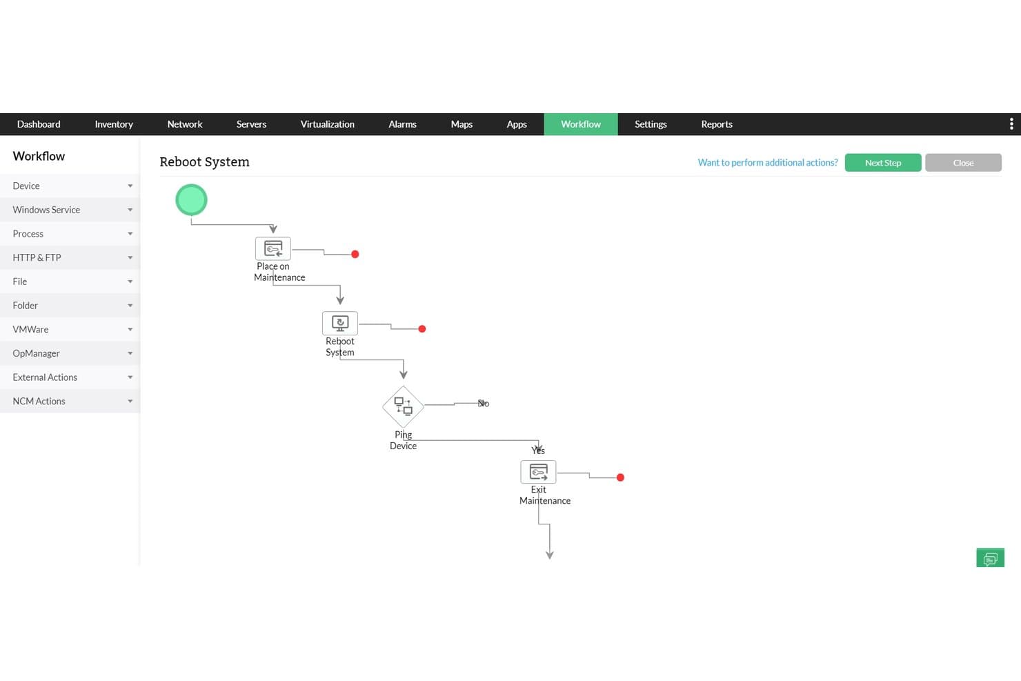 ManageEngine OpManager-arbejdsgangsdiagram til genstart af et system med vedligeholdelsestrin.