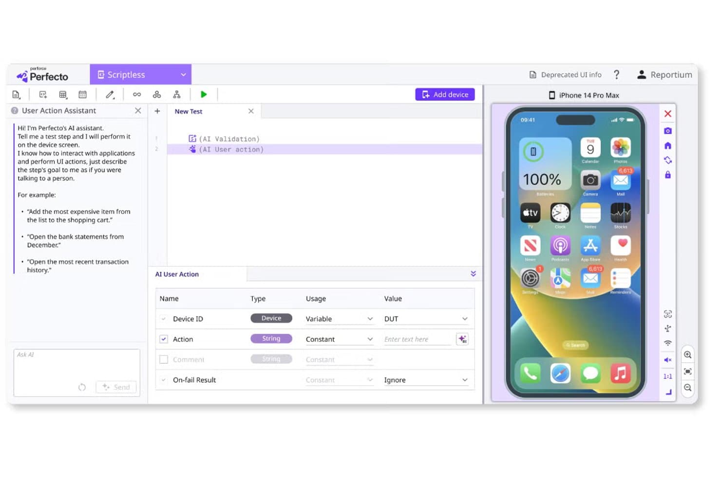Bezskryptowy interfejs Perfecto z panelem Działanie użytkownika AI i emulatorem iPhone'a 14 Pro Max.