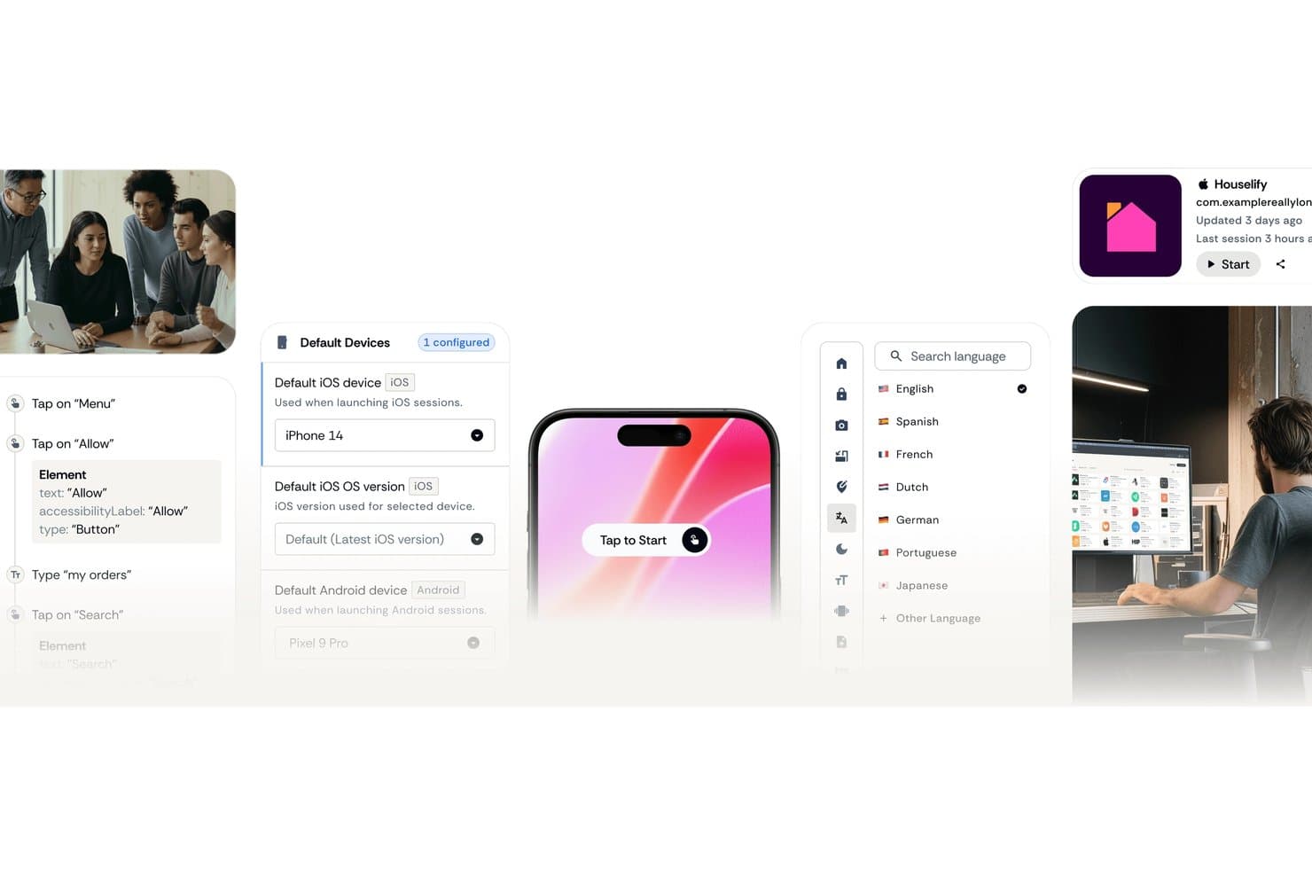Appetize.io:n käyttöliittymä, jossa näkyvät laitteen määritys, kielen valinta ja sovellusistunnon hallintatoiminnot.