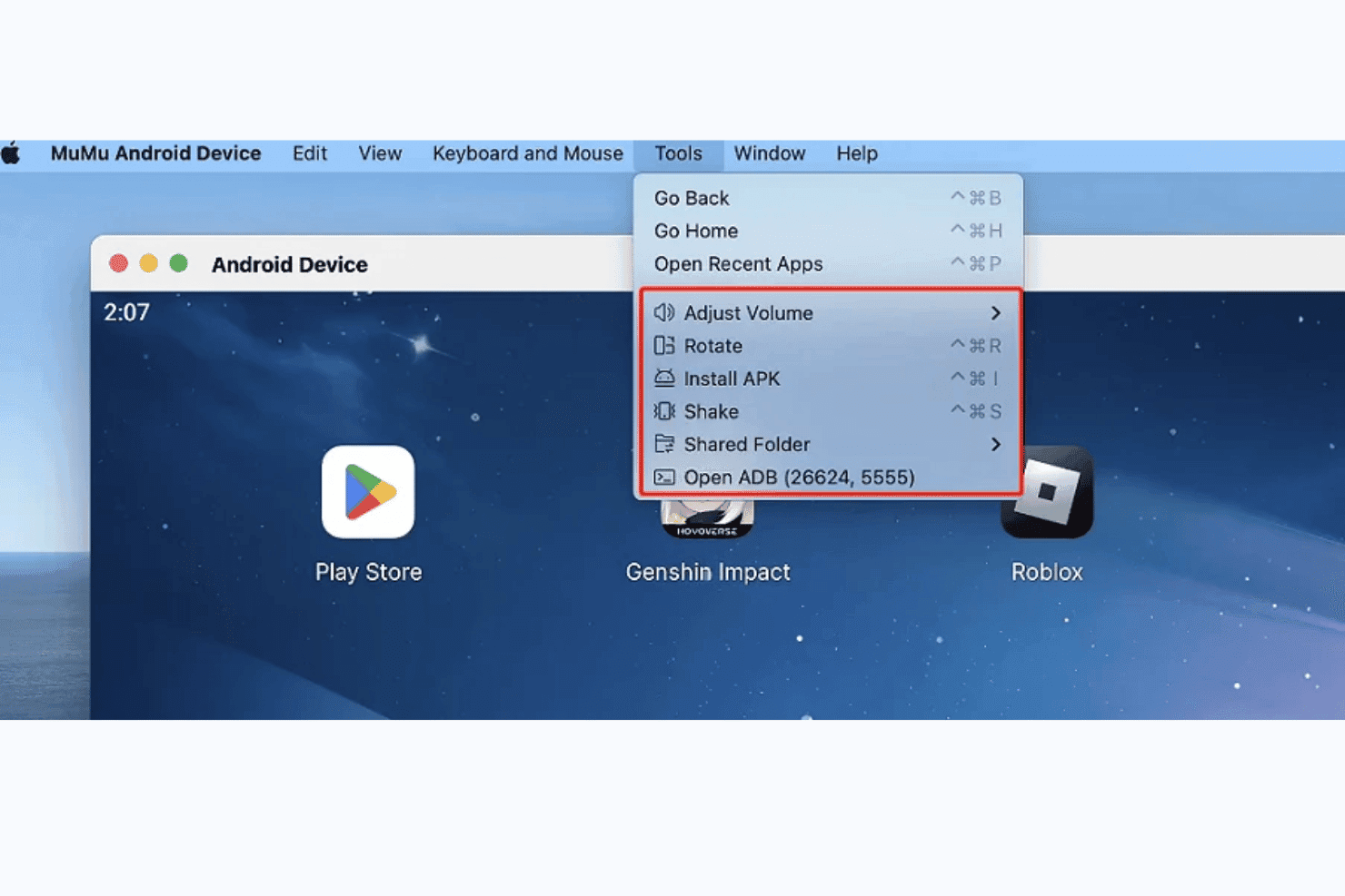 MuMuPlayerin Macin Työkalut-valikko avattuna; valikossa näkyvät ADB-, Install APK-, Rotate- ja Shake-toiminnot.