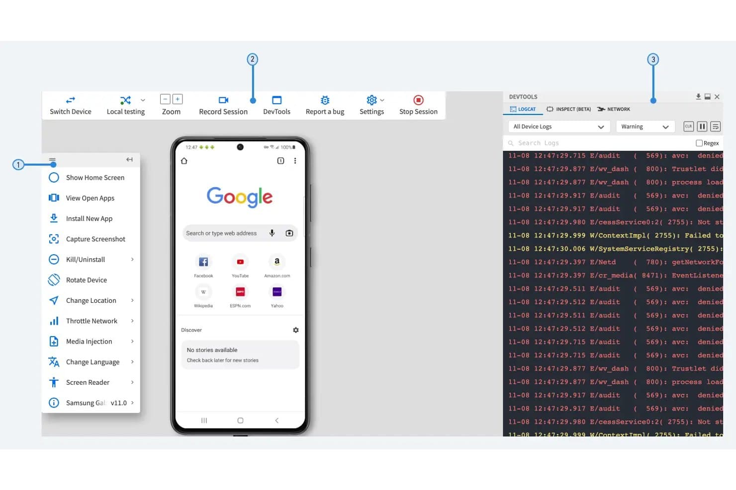 Firebase Test Labin Android-emulaattori, jossa näkyvät Google Chrome, laitevalikko ja DevToolsin logcat-paneeli.