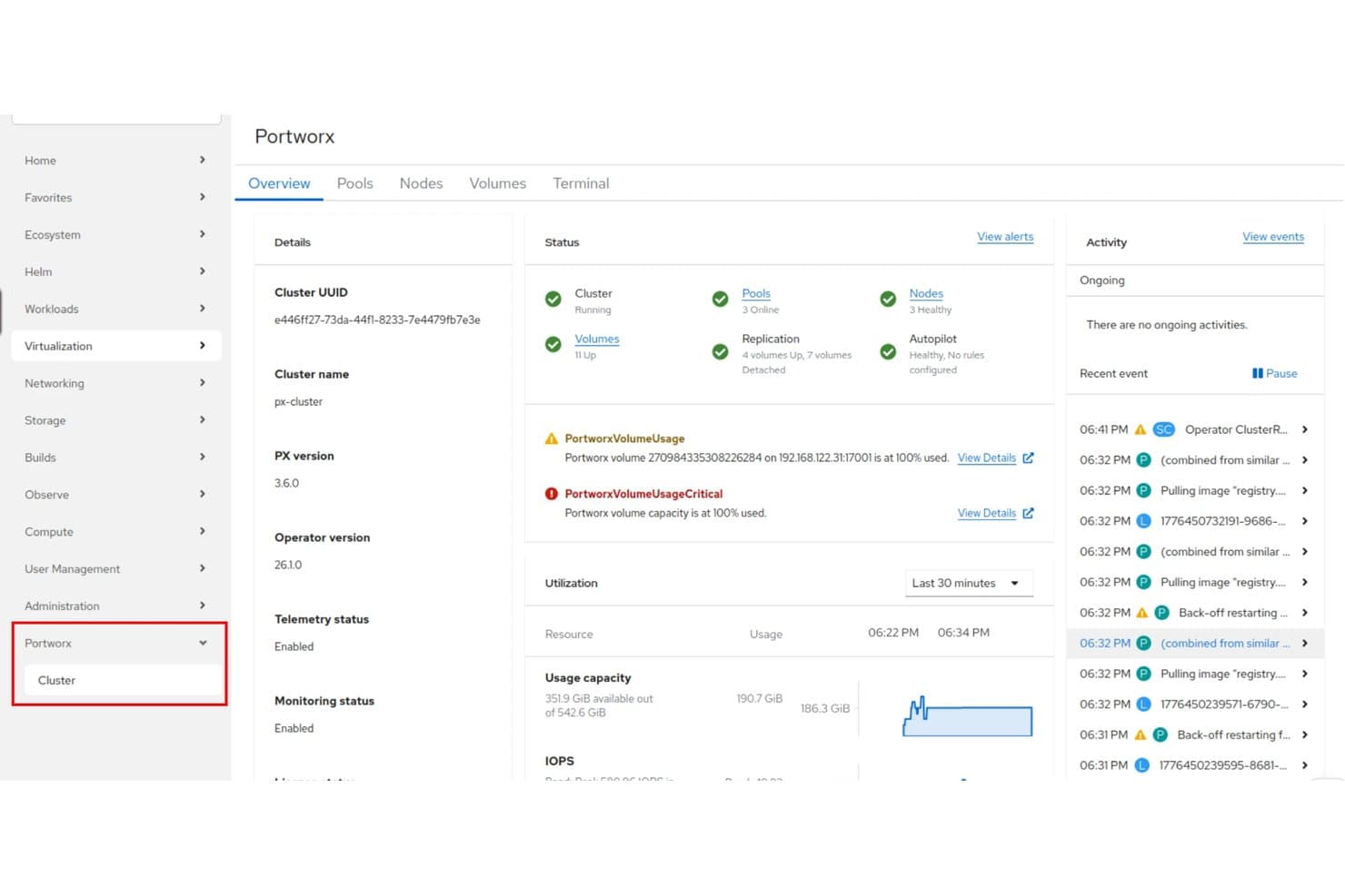 Portworx cluster dashboard showing status, volume usage alerts, and utilization metrics.