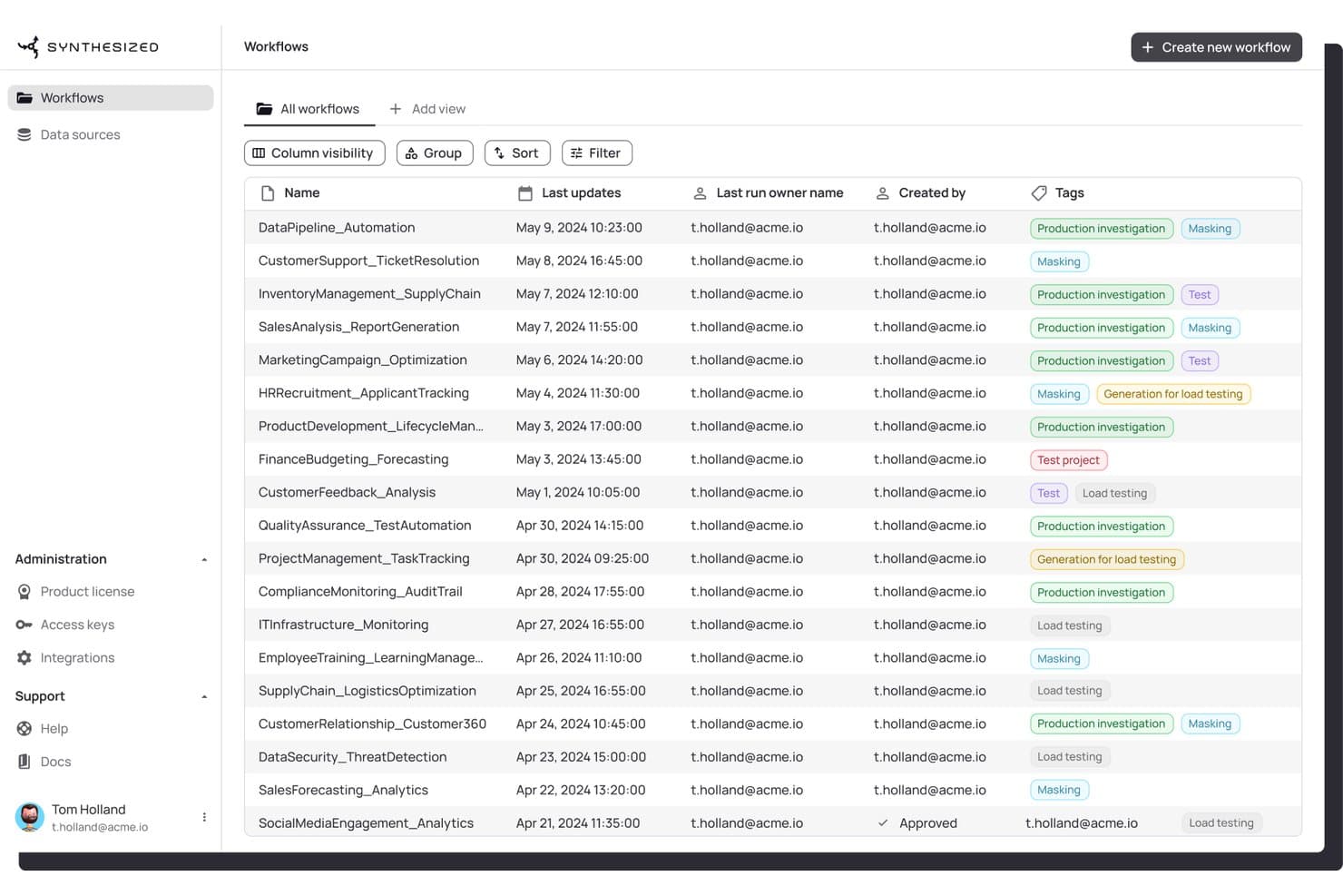 Liste over Synthesized-arbejdsgange med navne, datoer, ejere og farvekodede mærker.