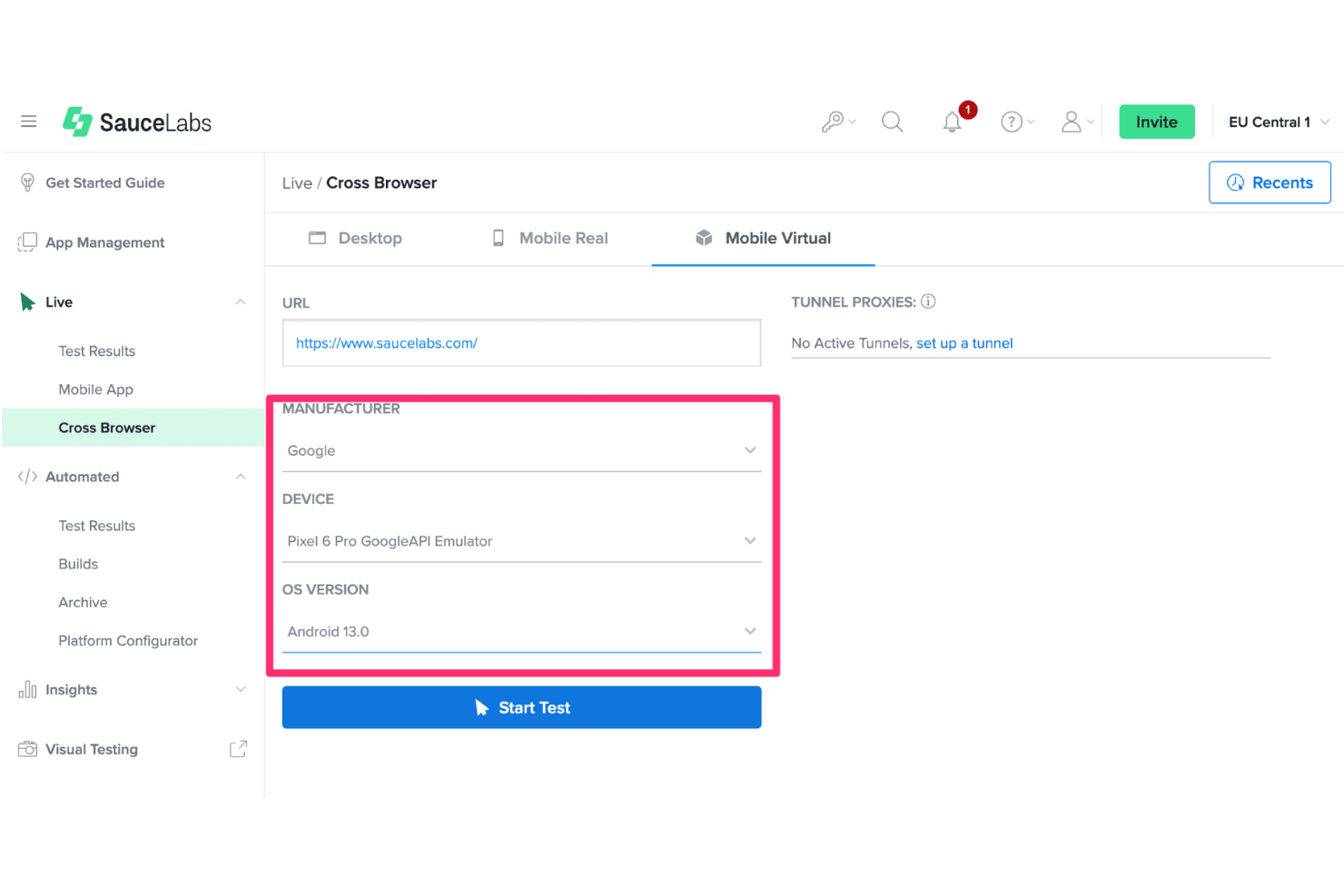 Sauce Labsin eri selainten virtuaalisen mobiilitestauksen välilehti, jossa näkyvät laitteen valinta ja Aloita testi -painike.
