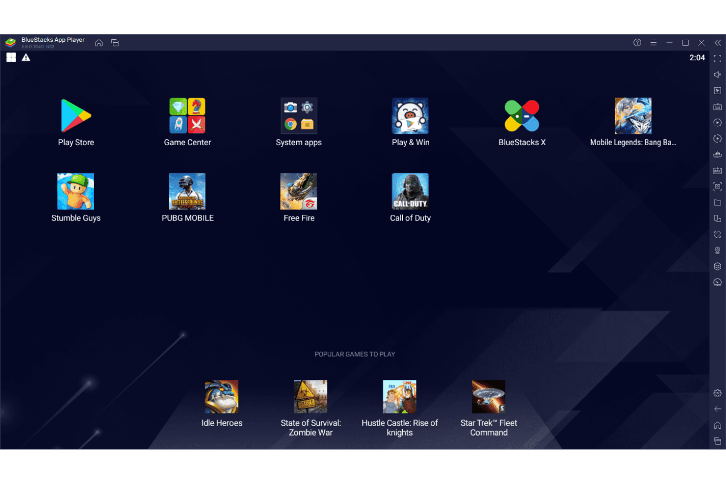 BlueStacks App Player-startskærm, der viser mobilspil og appikoner på skrivebordet.