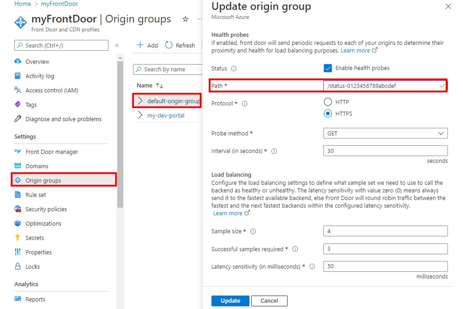 Panel aktualizacji grupy źródeł w Azure Front Door pokazujący ustawienia sondy kondycji i równoważenia obciążenia.