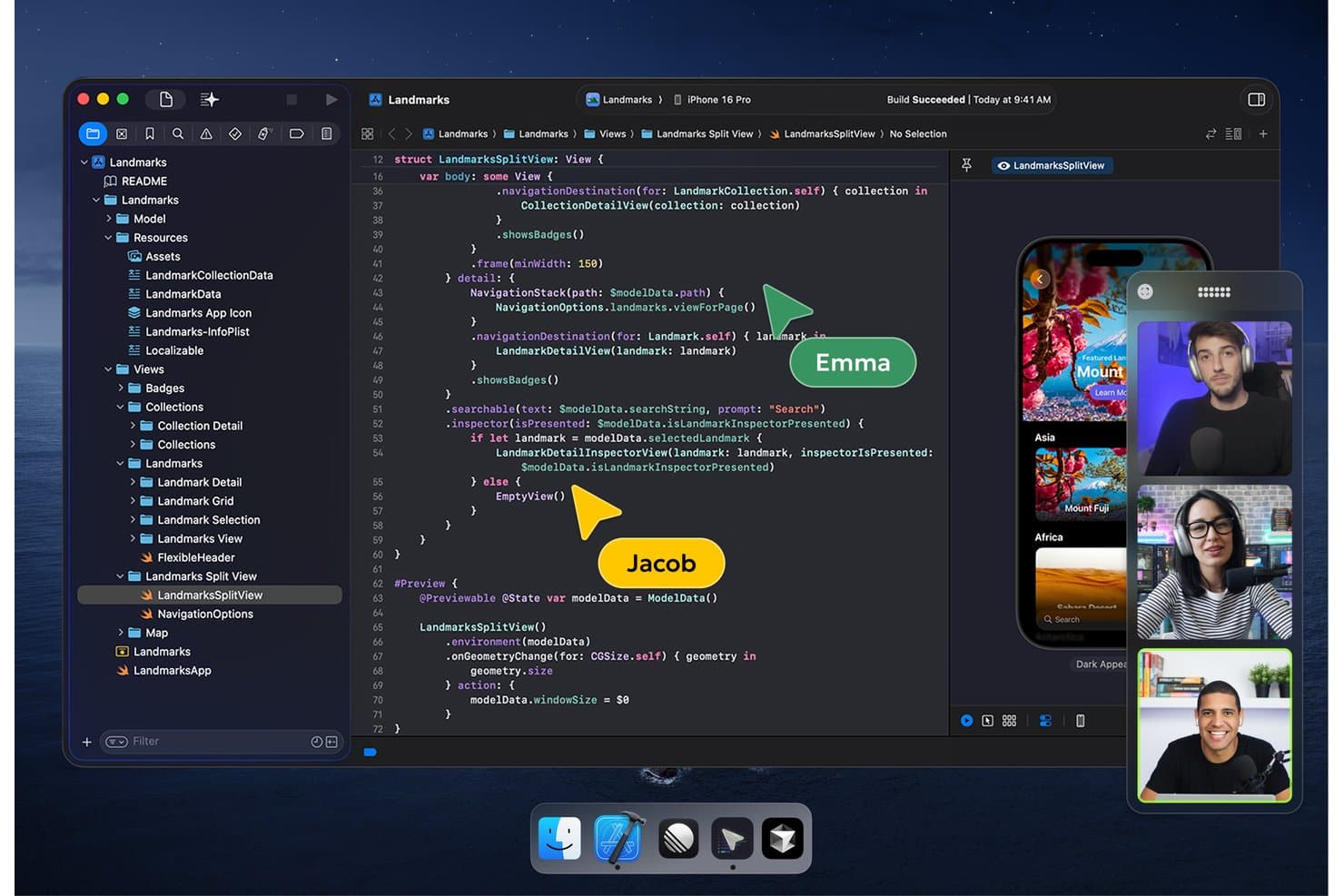 Application Hopp affichant l'éditeur Xcode avec un appel vidéo en direct réunissant trois collaborateurs.