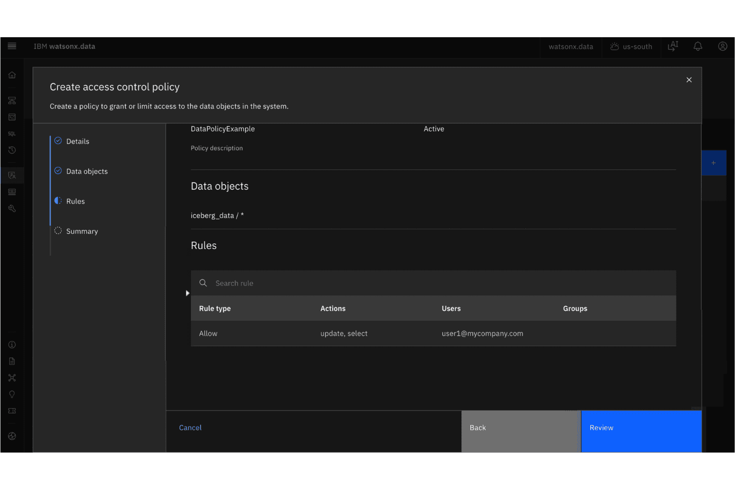 Finestra di dialogo per la creazione di una policy di controllo degli accessi con regole per iceberg_data in watsonx.data.